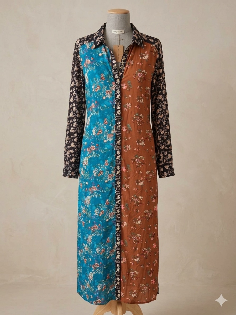 NATURAL LIFE Patchwork Floral Maxi Shirt Dress in Teal, Brown and Black XL